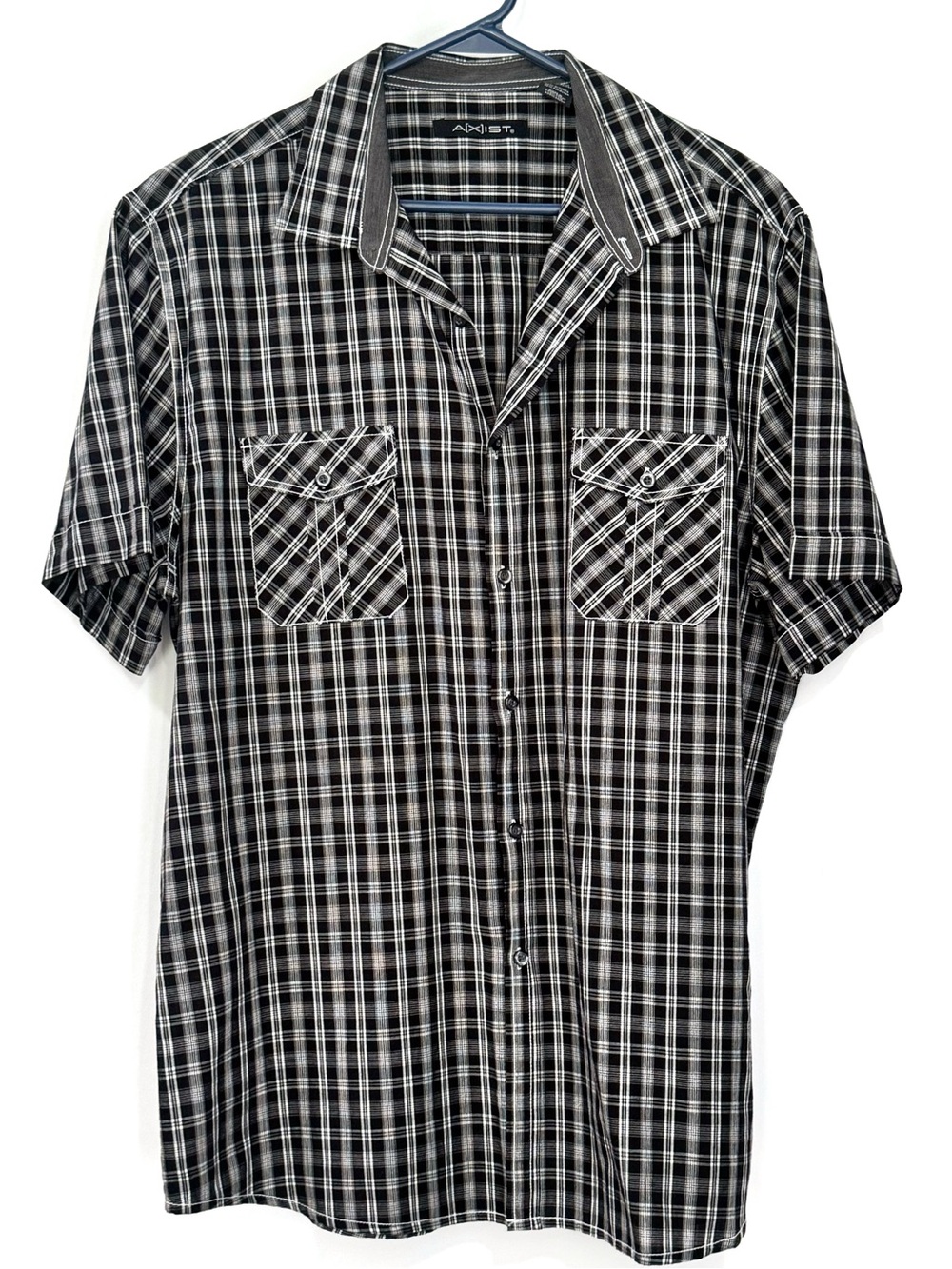 Axist Mens Short Sleeve XL Front Button Down Check Woven Shirt Black White